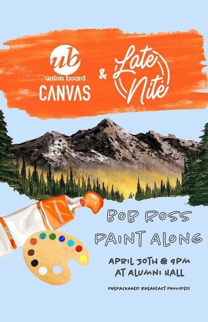 the last event of the semester is HERE! join us this Friday for A Bob Ross Paint Along in collab with @unionboard RSVP via the link in our bio to reserve your time spot today!!