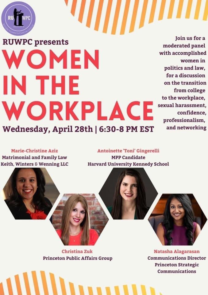 Looking forward to joining these incredible panelists and the Rutgers University Chapter of the Women’s Political Caucus <a href="/RU_WPCNJ/">RU_WPCNJ</a> for a virtual panel on Women in the Workplace tomorrow at 6:30pm. I hope you’ll tune in! (Link: bit.ly/3dXGCRC) 🤓