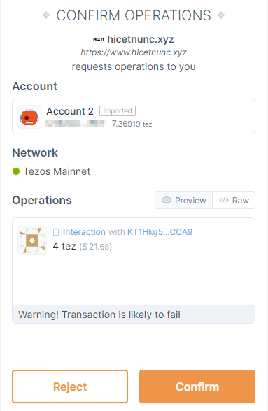 6) Finally ready to start buying! So I clicked on "Collect....".7) The wallet experience was pretty much like Metamask, except for the little message "Warning! Transaction is likely to fail"REALLY???????Then I gave up. End of thread.