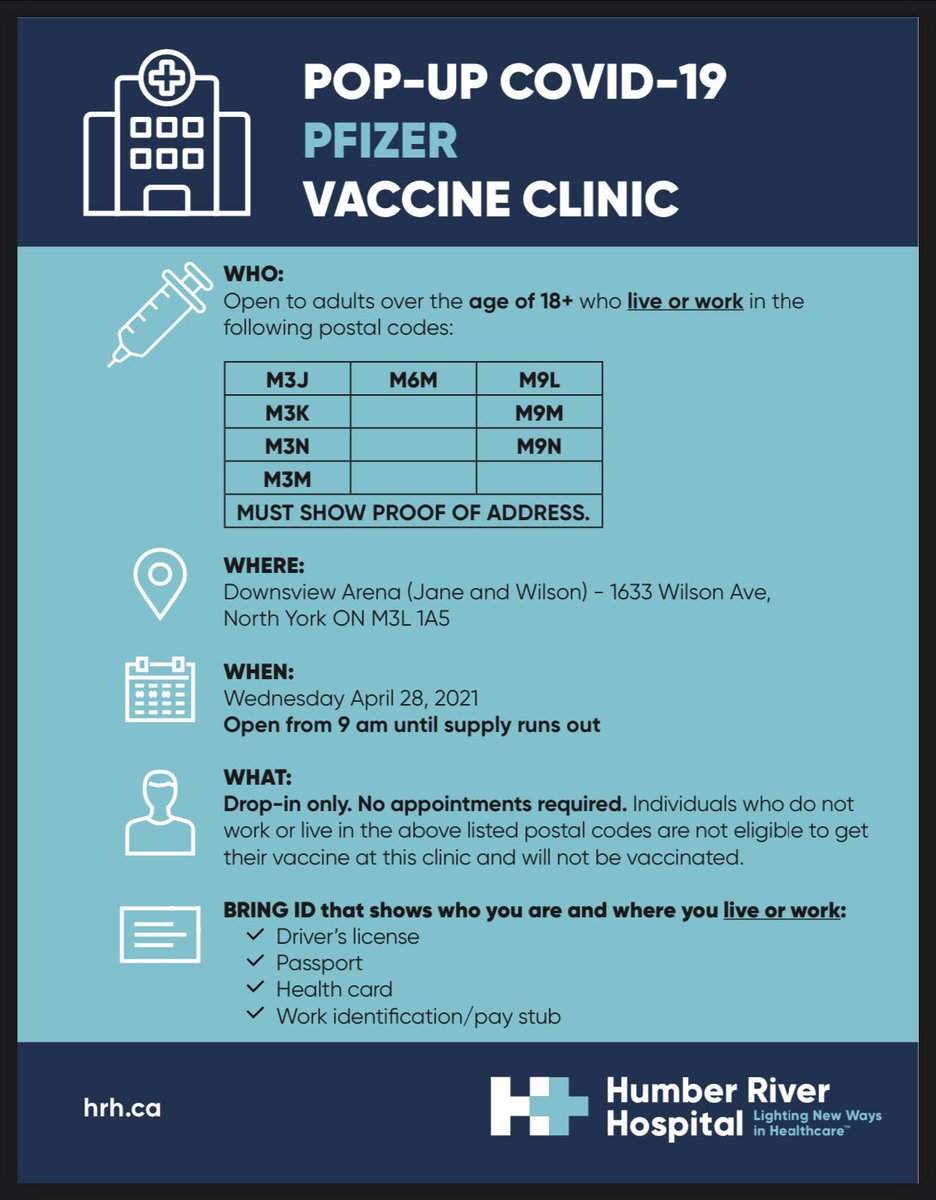 HRHealth_'s tweet photo. WEDNESDAY APRIL 28, 2021: As part of @CityofToronto’s Team Toronto Sprint Strategy, this clinic is open to postal codes that have been identified as highest priority areas. See flyer for details. https://t.co/On9KVLnXMr