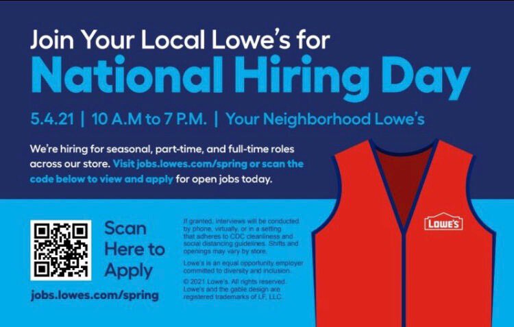 Looking to join a great team?? Want to be part of a Lowe’s family?? Want to start a new career?? Come on over to Lowe’s of Oaks Store 1047 on May 4th. I’ll be waiting for you along with my ASM team!!