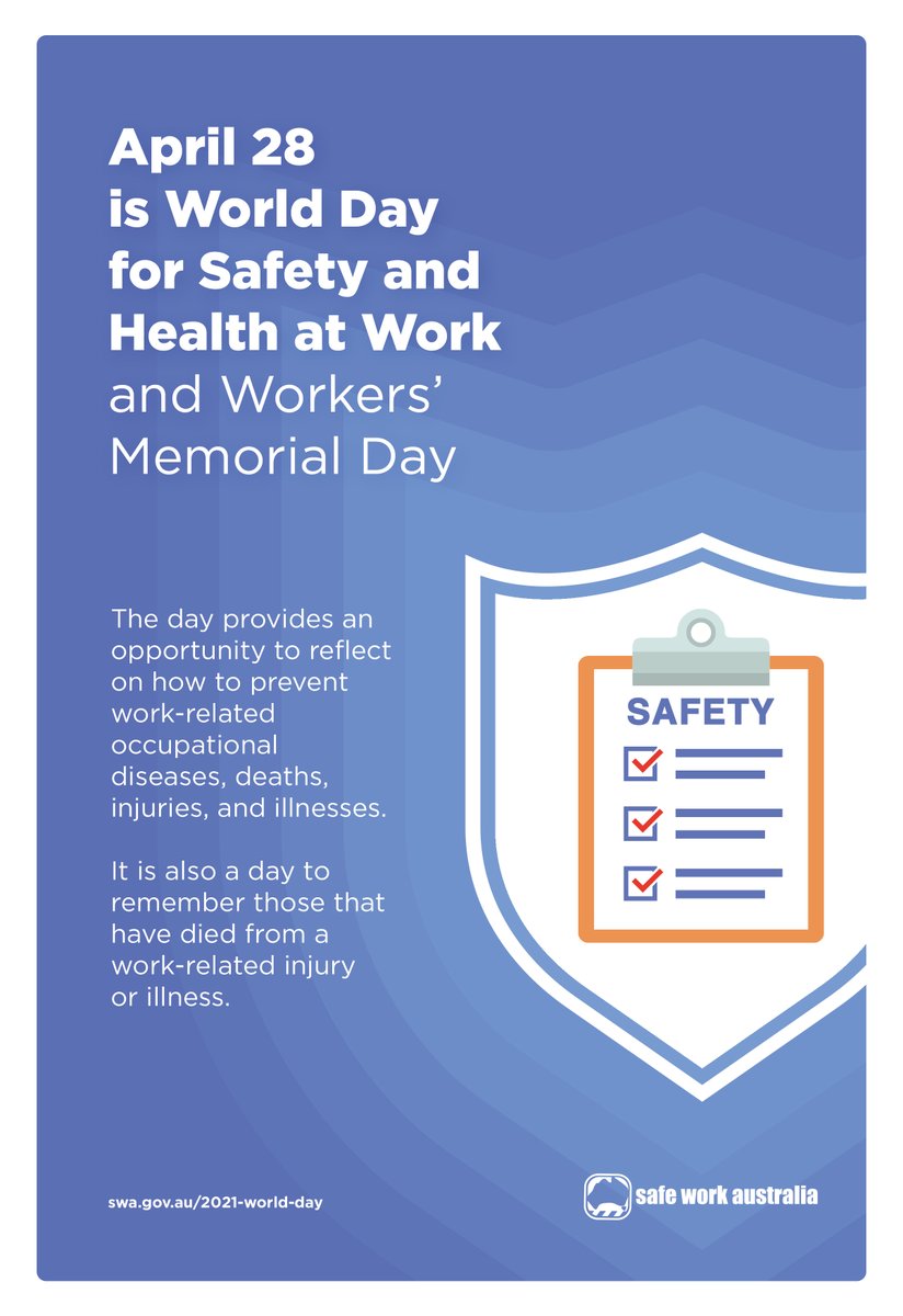 Today is World Day for Safety and Health at Work and Workers' Memorial Day. 

We encourage everyone to raise awareness about health and safety in the workplace.

#worldWHSday2021 #SafeDay2021  #IWMD2021