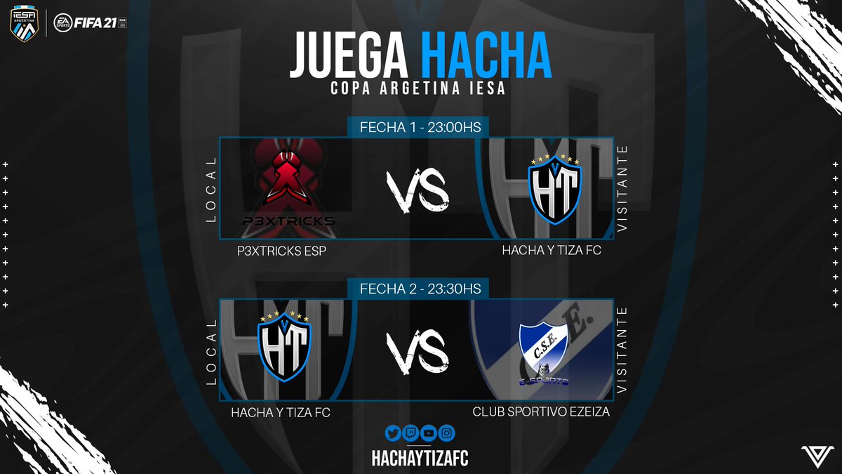 Hacha eSports (@hachaesports) on Twitter photo 🔵⚪ || #CopaArgentina
HOY JUEGA #HACHA!! 🎮⚽🇦🇷
Desde las 23hs el equipo debutará en la Copa Argentina de <a href="/IESAFIFAar/">IESA Argentina</a>, dónde buscará llevarse los 6pts y comenzar con el pie derecho!
Fecha 1
🆚 <a href="/P3xtricks/">P3XTRICKSgg</a>
Fecha 2
🆚 #ClubSportivoEzeiza
23:30hs
#VamosHacha
#HYT 🔵⚪ || #CopaArgentina
HOY JUEGA #HACHA!! 🎮⚽🇦🇷
Desde las 23hs el equipo debutará en la Copa Argentina de <a href="/IESAFIFAar/">IESA Argentina</a>, dónde buscará llevarse los 6pts y comenzar con el pie derecho!
Fecha 1
🆚 <a href="/P3xtricks/">P3XTRICKSgg</a>
Fecha 2
🆚 #ClubSportivoEzeiza
23:30hs
#VamosHacha
#HYT
