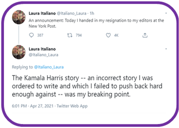 anongeniusimmi1's tweet photo. @RepCawthorn @VP Actually it looks like you can #MakeThisStuffUp! @Italiano_Laura tweeted that she was ordered to write the lies about @VP! She has resigned from @nypost! She should have done this much sooner! More need to follow suit! You, @HawleyMO et al need to stop spreading the lies! https://t.co/2Ij1Xz84LI
