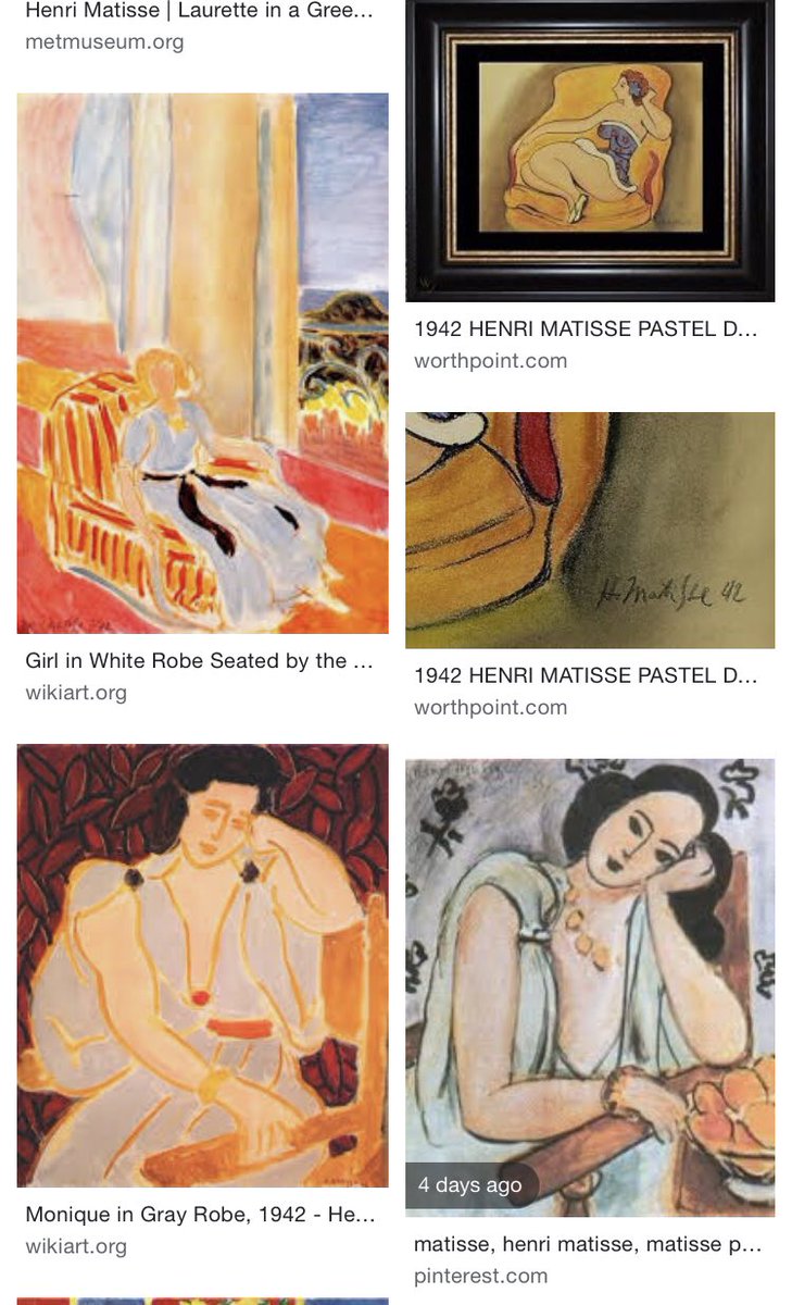 At age 16 she started modelling for Henri Matisse. “The Velvet Robe" painted in 1942 is an illustration of her collaboration with him.I don’t know what “collaboration” means, exactly. Nor do I know which painting, specifically.  #eglantine  #Matisse  #HenriMatisse 2/7