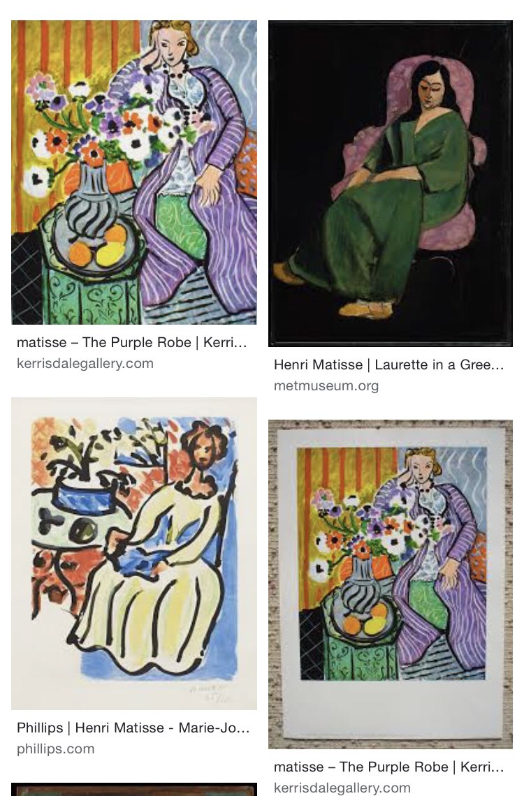 At age 16 she started modelling for Henri Matisse. “The Velvet Robe" painted in 1942 is an illustration of her collaboration with him.I don’t know what “collaboration” means, exactly. Nor do I know which painting, specifically.  #eglantine  #Matisse  #HenriMatisse 2/7