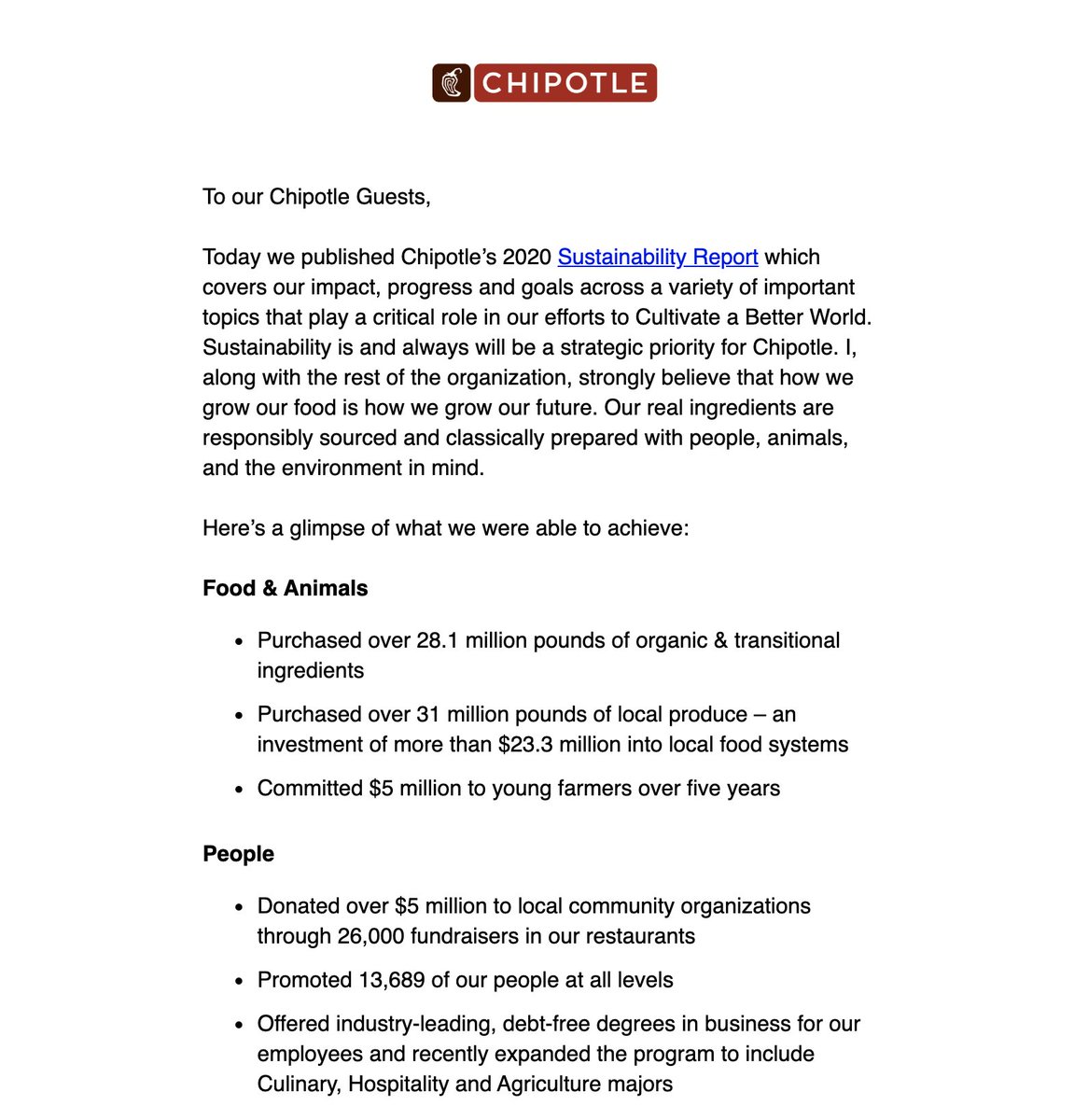 2. InformChipotle has put an emphasis on targeting Millennials and Gen Z through their marketing efforts.This email is a perfect example.Why?Millennials and Gen Z love eco-conscious brands.And while this email isn't sexy...