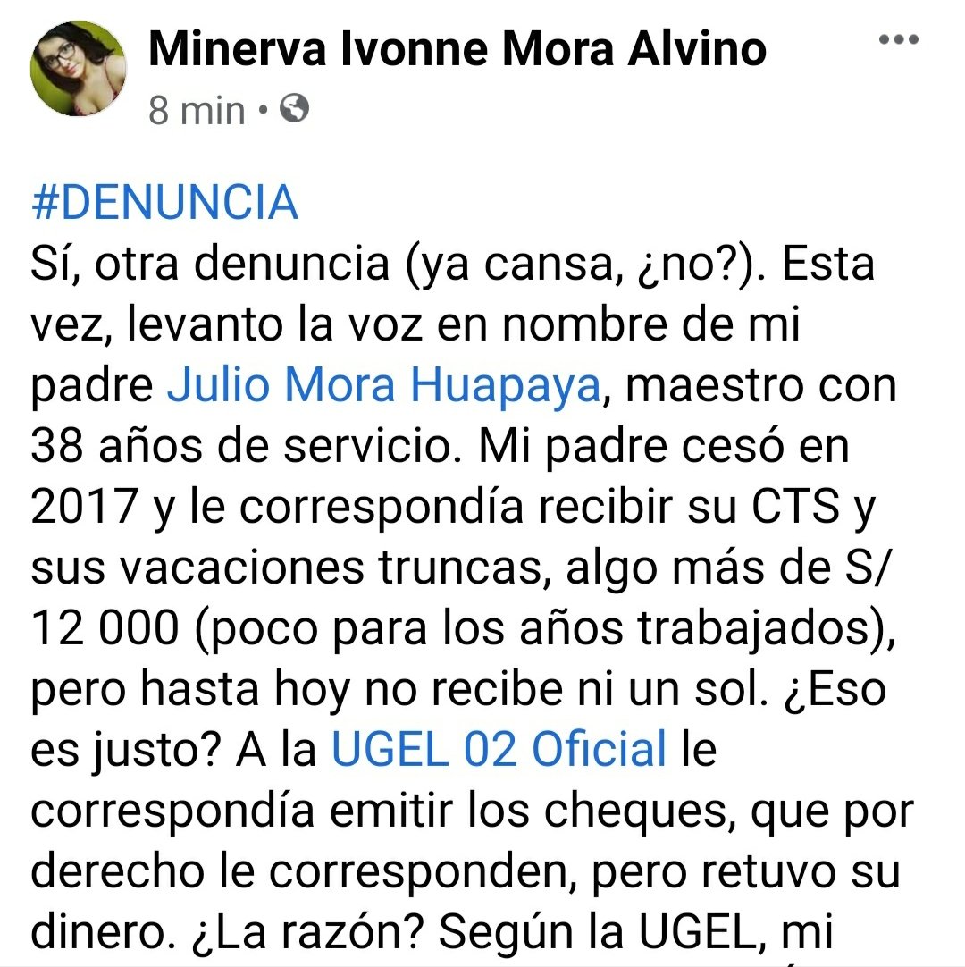 minerva_mora's tweet photo. Cuando ya lo intentas todo, no queda otra que #denunciar. Desde el 2017, la UGEL 02 ha retenido la CTS de mi papá, un maestro con 38 años de servicio que cesó hace cuatro años. Espero que me ayuden a que su voz se escuche. @MineduPeru @ugel02oficial @Defensoria_Peru https://t.co/UOVd5d47nW
