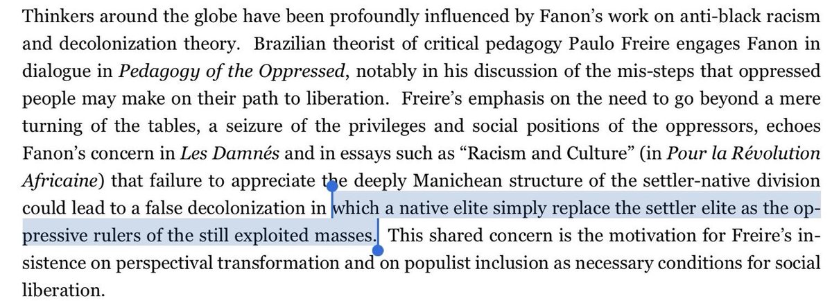 Credit for this goes to Dill and  @RenyTure - Reny is far more educated in these matters than me, and I owe much of my knowledge to him.As said elsewhere using this text, one of Fanon's concerns was a "native" elite replacing the settler elite.A source:  https://iep.utm.edu/fanon/ 