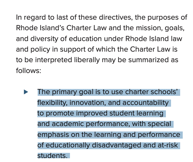 Claim: charter schools are meant to "promote improved student learning and academic performance."Question: What happens when they don't?Answer:  @RIDeptEd renews them anywayQuestion: Why? Political nepotism? No real method to dissolve / reabsorb charter students?