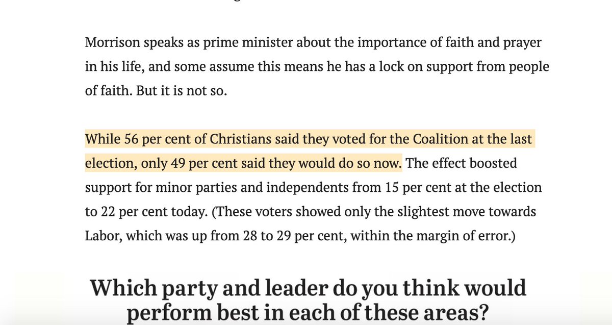 I'm wondering about Scott Morrison's recent lightning visit to QLD to chant among his disciples.Because Morrison does not do anything for nothing. Everything is transactional.Allegedly, his polling among Christians has fallen to 49%.Hmmm. Time to bolster that back up..