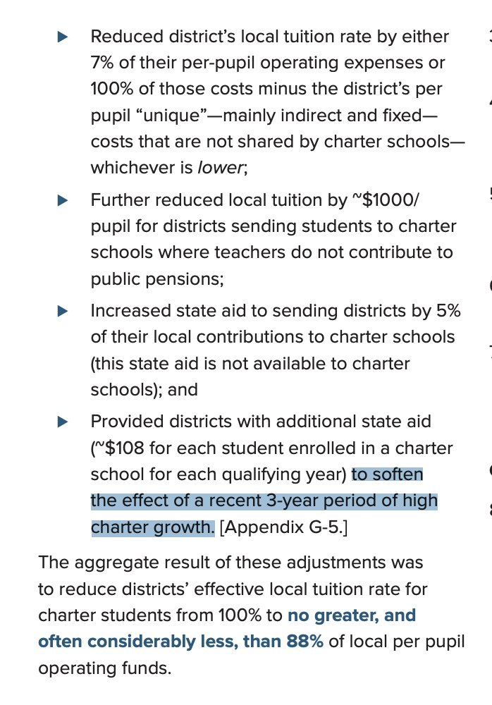 This part basically makes the argument that when 100% of per pupil funding follows student that it DOES financially impact sending district. Reduction to 88% funding was to "soften the effect of 3 year charter growth" that this report goes on to claim doesn't exist.