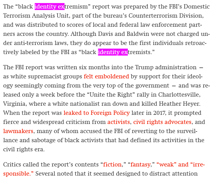 And thus, black liberation politics are conflated with black nationalism whether or not they explicitly argue for such, and in turn demonized as "black supremacism".A dynamic which - as has been noticed - is of great use to the establishment at large: https://theintercept.com/2019/03/23/black-identity-extremist-fbi-domestic-terrorism/