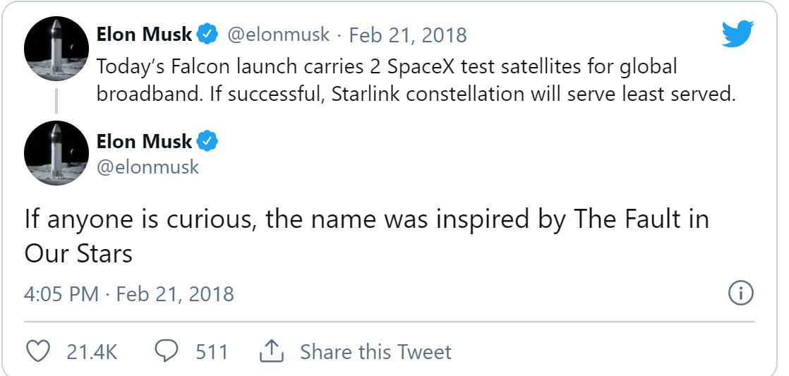 1. The service is called Starlink. SpaceX filed for a trademark on the name in early 2015.Musk's naming choice was inspired by the 2011 NY Times Best Selling book, "The Fault in Our Stars.