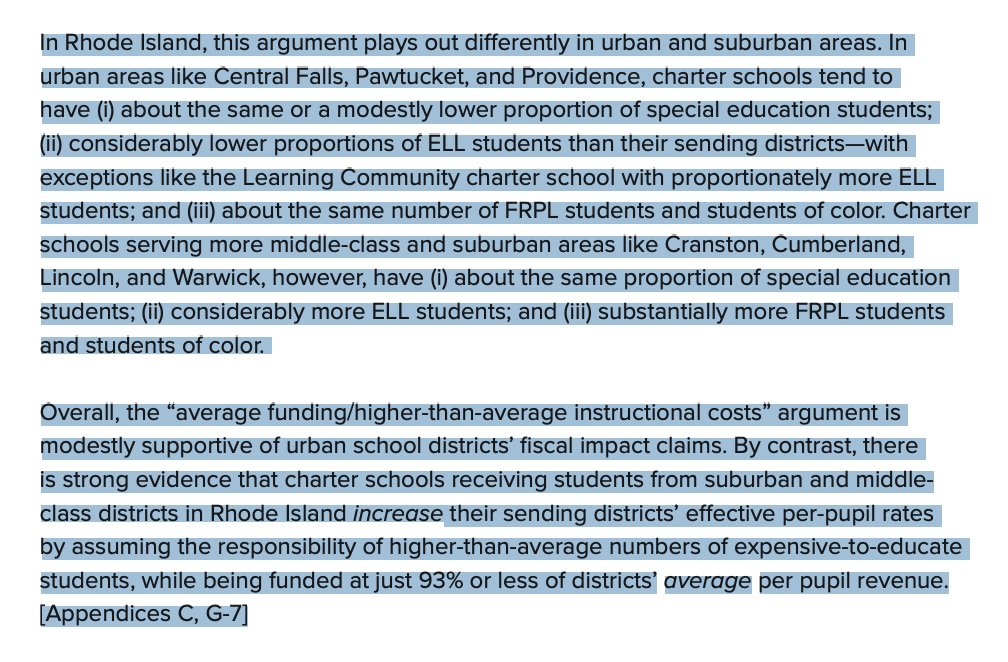 The report then goes on to admit that charter schools serving CF & Prov admittedly leave higher cost pupils behind & have higher fiscal impact than their suburban charter counterparts.... WHICH BASICALLY DON'T EXIST & WEREN'T PART OF EXPANSION IN QUESTION. Who paid for this????