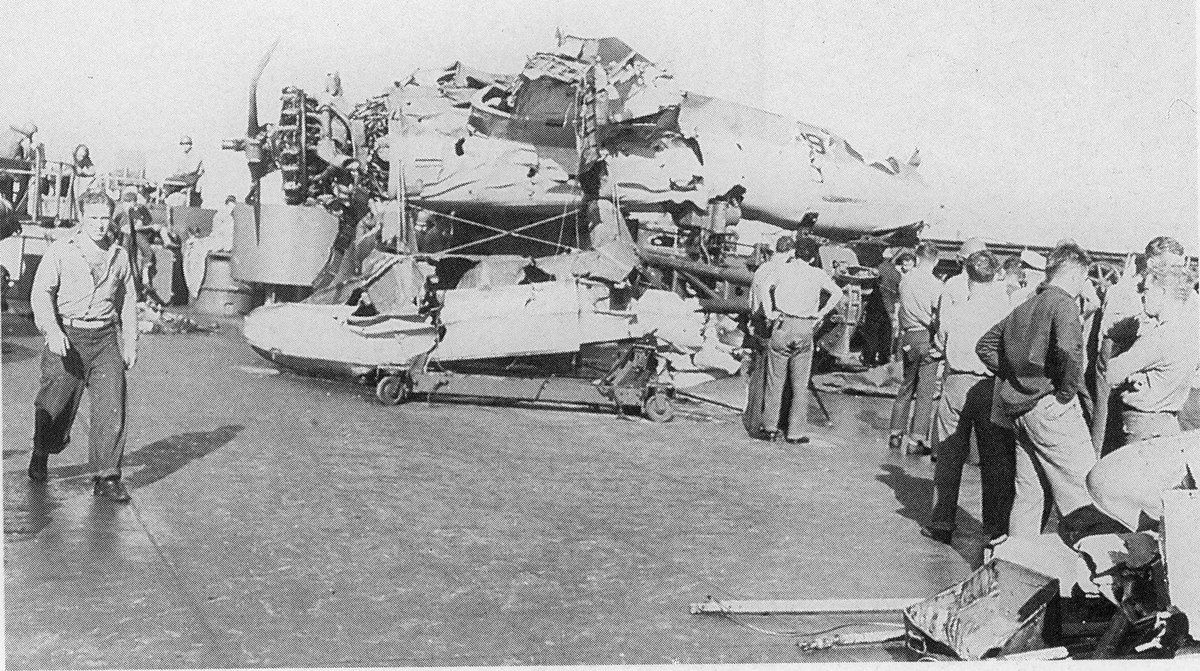 If the situation called for it, the turret would fire despite the aircraft on the stern. The remains of the Kingfisher seen here is all that's left aboard USS South Dakota after the Second Naval Battle of Guadalcanal. The other two were thrown overboard by the muzzle blast.