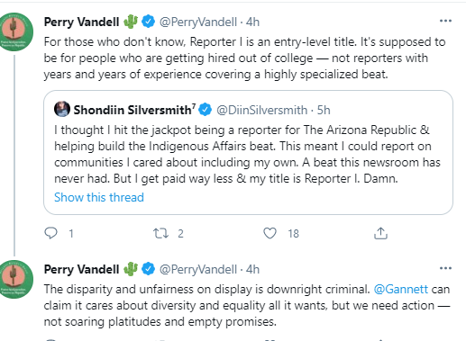 Truth:  @DiinSilversmith worked w/Native news & has a master's degree. When  @azcentral top editor "promoted" her to statewide Indigenous Affairs beat, telling her she had to edit PT, too, he didn't pay her equitably. It's unethical. It's discrimination.