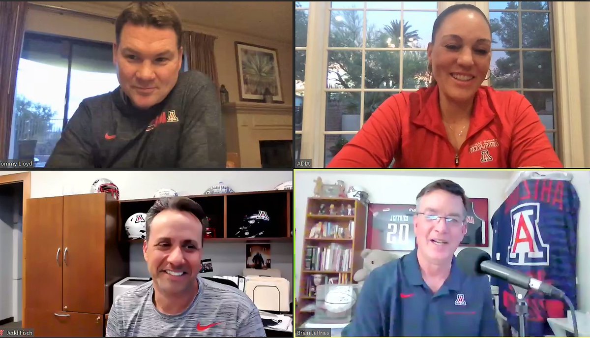 Delightful Zoom hour for Together We Bear Down Chat with Head Coaches @AdiaBarnes Tommy Lloyd  @CoachJeddFisch plus @catspbp & @Dave_Heeke. Adia    message to fans: Buy season tickets @ArizonaFBall @APlayersProgram @ArizonaWBB. Let's sell out every game. Ditto from TL & Jedd.🐻⬇️