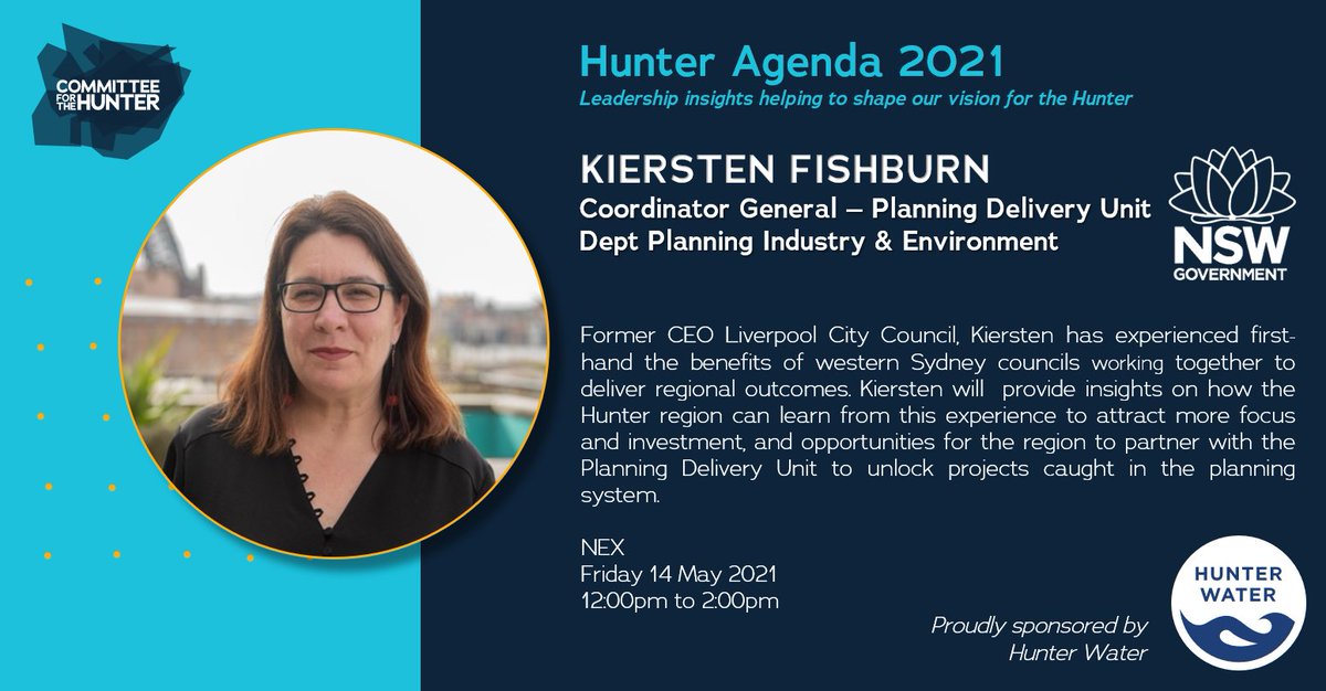 Committee for the Hunter (@cfthunter) on Twitter photo Join us for unique insights from current NSW planning Coodinator General and former Liverpool City Council CEO, Kiersten Fishburn, sponsored by <a href="/HunterWater/">Hunter Water</a>.
Tickets here: stickytickets.com.au/uey0p for this lunch event at NEX Friday 14 May 2021. Join us for unique insights from current NSW planning Coodinator General and former Liverpool City Council CEO, Kiersten Fishburn, sponsored by <a href="/HunterWater/">Hunter Water</a>.
Tickets here: stickytickets.com.au/uey0p for this lunch event at NEX Friday 14 May 2021.
