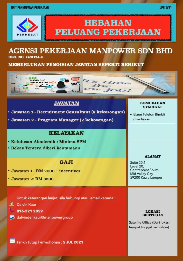 Perhebat On Twitter Jobsatperhebat Peluang Pekerjaan Di Agensi Pekerjaan Manpower Sdn Bhd Jawatan Recruitment Consultant 8 Kekosongan Program Manager 2 Kekosongan Untuk Memohon Hubungi Https T Co S757ndb71e Tertera Pada Iklan Perhebat
