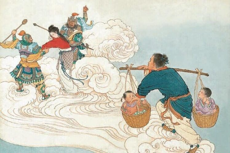However Zhinu’s mother found out her daughter married a mortal and sent heavenly soldiers to take Zhinu back by force. Niulang carried their two kids and chased them but the Heavenly Queen with her hairpin created a river (The Milky Way) to keep them apart.