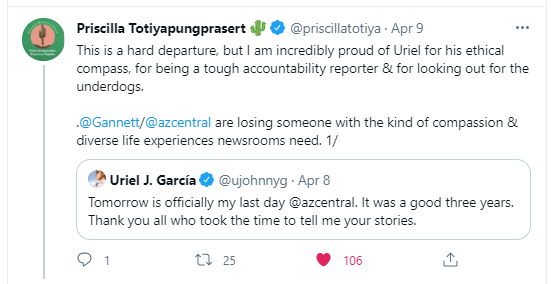 Too many horror stories of journalists of color working for equal/fair coverage of communities of color & being intimidated/gaslighted/discriminated against. When top  @azcentral editor & his enablers pushed out  @ujohnnyg, I wept for Uriel & for our communities. Enough is enough.