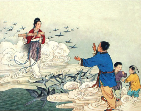 Niulang and Zhinu cried from the bottom of their hearts and the mother was moved so she allowed them to meet only on the 7th day of the 7th month when a flock of magpies makes a bridge for the lovers to cross the river and see each other.