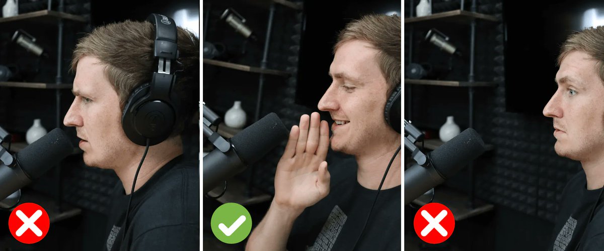 6/ Learn the basics of mic technique. On average, you want to be 4 finger lengths from the mic. But this might change if you're trying to make your voice sound deeper.