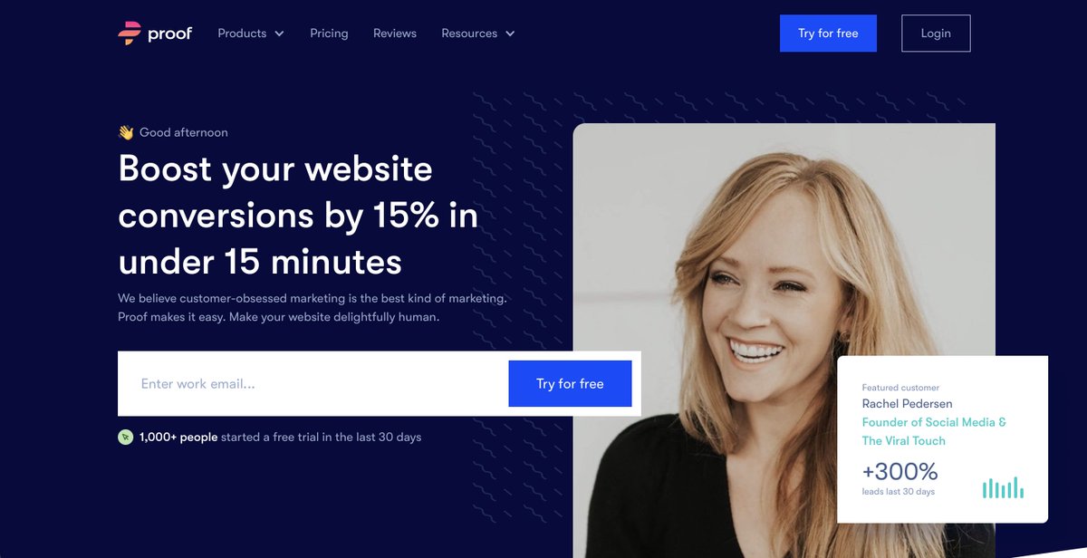 4. Landing pageAn example of SaaS getting their homepage right:  @UseProof- Tagline ensures what proof helps its customers achieve- Include numbers for credibility- CTA "Try to free" is in the center of attention- Real, relatable human photo (and she's smiling, ofc