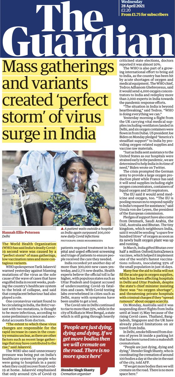 "The World Health Organization has said India’s deadly Covid19 second wave was caused by a “perfect storm” of mass gatherings, low vaccination rates and more contagious variants""there are other factors such as recent large gatherings that may have contributed to the rise"