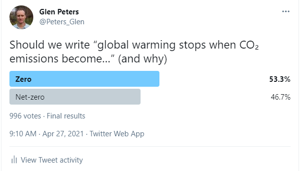 Twitter was very divided on zero versus net-zero. Though, there are many reasons. Clearly, science & policy are getting blurred here. Many say "zero" because "net" means continued use of fossil fuels.I suspect technically, "net" is more correct, but not sure 100% correct.3/