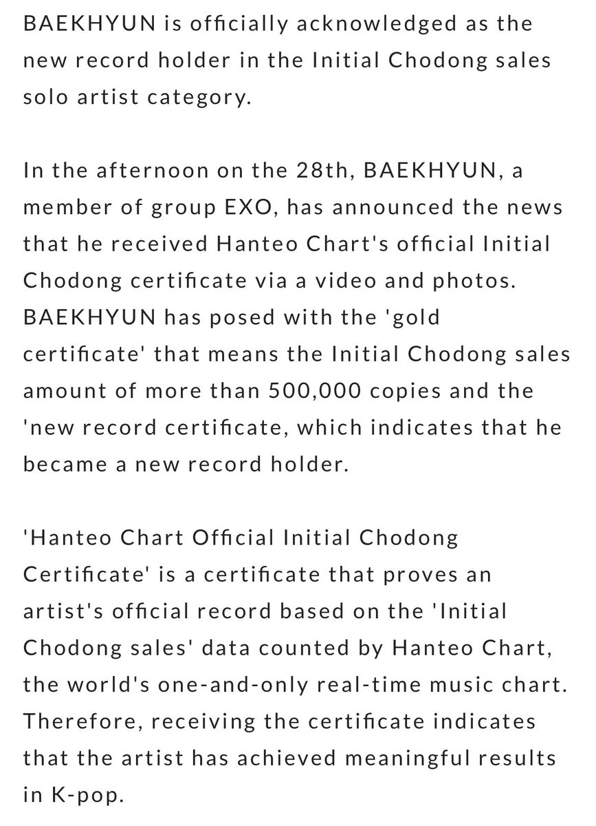 bhyunsource's tweet photo. “BAEKHYUN is officially acknowledged as the new record holder in the Initial Chodong sales solo artist category.”
 
“Moreover, he easily broke the new record in IC sales among solo artists that was set by himself last time, truly proving his unrivaled position as a solo artist.” https://t.co/DMDBcFb3oC
