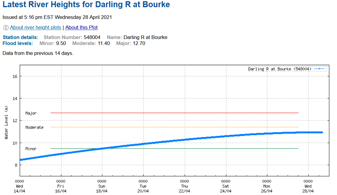 The main flow is only just peaking at Bourke, 400 km upstream (straight-line), so there's a long long way to go. http://www.bom.gov.au/fwo/IDN60238/IDN60238.548004.plt.shtml