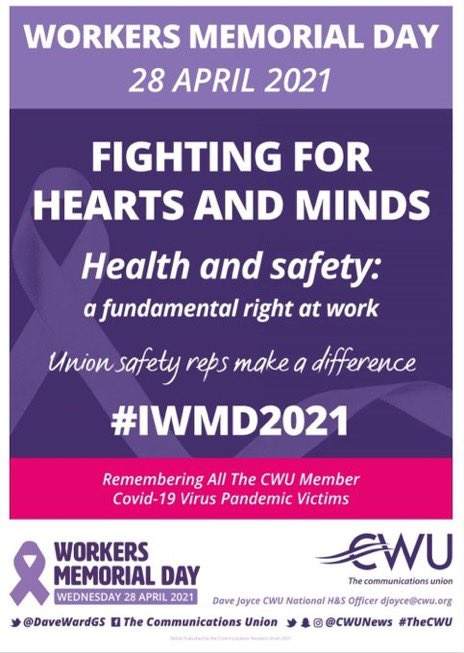 Today is International Workers' Memorial Day #IWMD21. 

At midday, join union activists across the country in observing a one minute silence to remember all the working people in the UK who have died since the start of the Covid pandemic. #RemembertheDead #FightfortheLiving