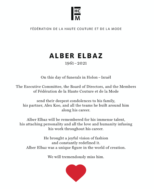On this day of Funerals in Holon - Israel, The FHCM has a special thought for Alber Elbaz beloved ones.