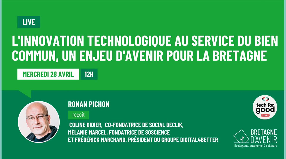 😀 Aujourd’hui à midi #webinaire :  L'innovation technologique au service du bien commun, un enjeu d'avenir pour la Bretagne. 
👉  ow.ly/F9Du50EsU91

#bretagneavenir