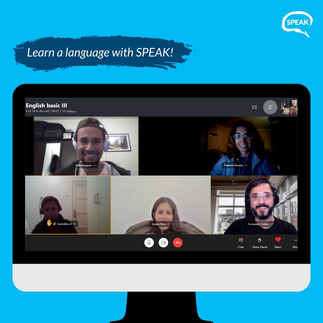 JoinSPEAK's tweet photo. #LanguageGroup Filipe, Palmira, Mariolina, Joana &amp; Fernando learning English with their buddy Karoll  🙌  

Did you know you can also be part of our community? Learn a new language, or be a buddy and help others learn yours in a fun &amp; informal way! Let's share our worlds! 🌍 https://t.co/inPG39kw9X