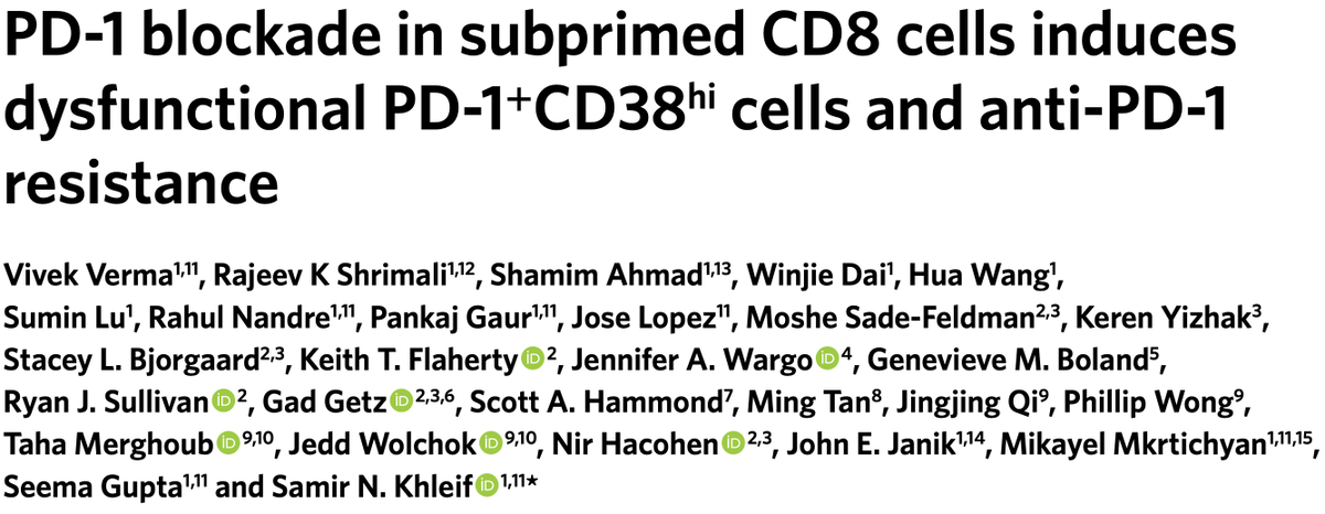 10/ An equally important discovery was made by  @SamirNKhleif's group showing that PD-1 blockade in the absence of optimal T cell stimulation (e.g. vaccine, inflammation...etc) leads to worse outcomes than no blockade  https://www.nature.com/articles/s41590-019-0441-y