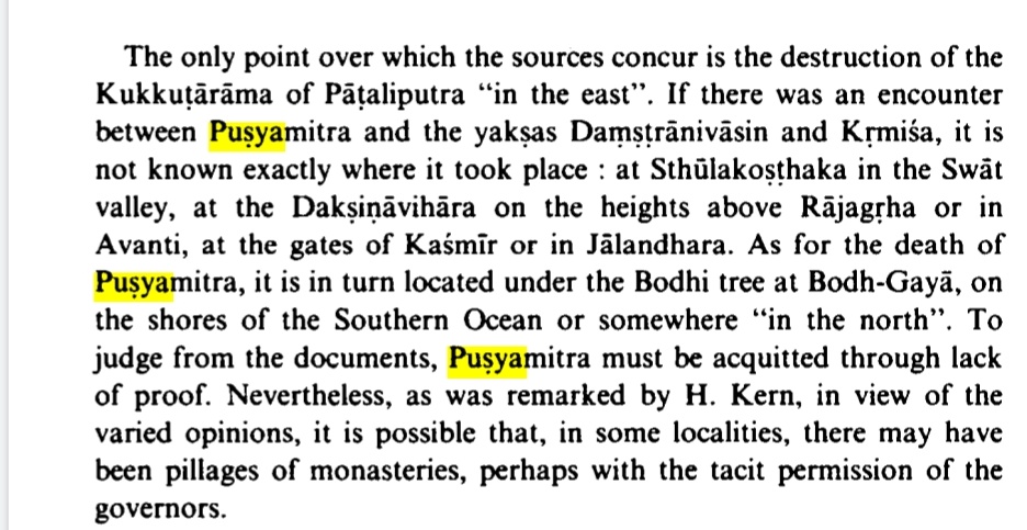 To quote Etienme Lamotte, there is simply not enough proof to accuse Pushyamitra Shunga as a great persecutor of Buddhists. The vagueness of the text, combined with contradictory accounts and the miraculous feats shown in the text(such as replacing heads of beheaded monks)