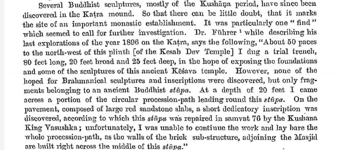The Katra Mound's Buddhist origins was started by Cunningham and Dr. Fuhrer. Fuhrer claimed to find a circular procession path near the temple.