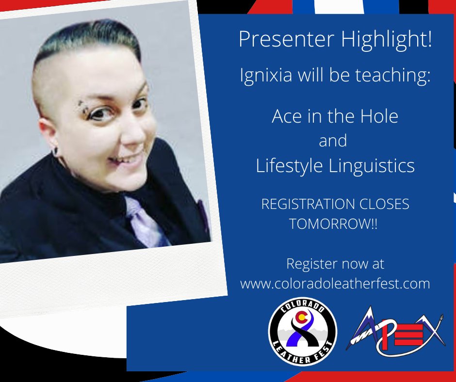 CLFevent's tweet photo. CLF2021 Presenter Highlight!

Ignixia is an internationally renowned professional kink educator &amp; leather-woman who was the owner &amp; sole-operator of an award-winning...

Learn more &amp; register now @
https://t.co/NFm0biXTGj
Registration closes Wednesday, April 28th!
Don't miss out! https://t.co/Zm2Qc8zFFW