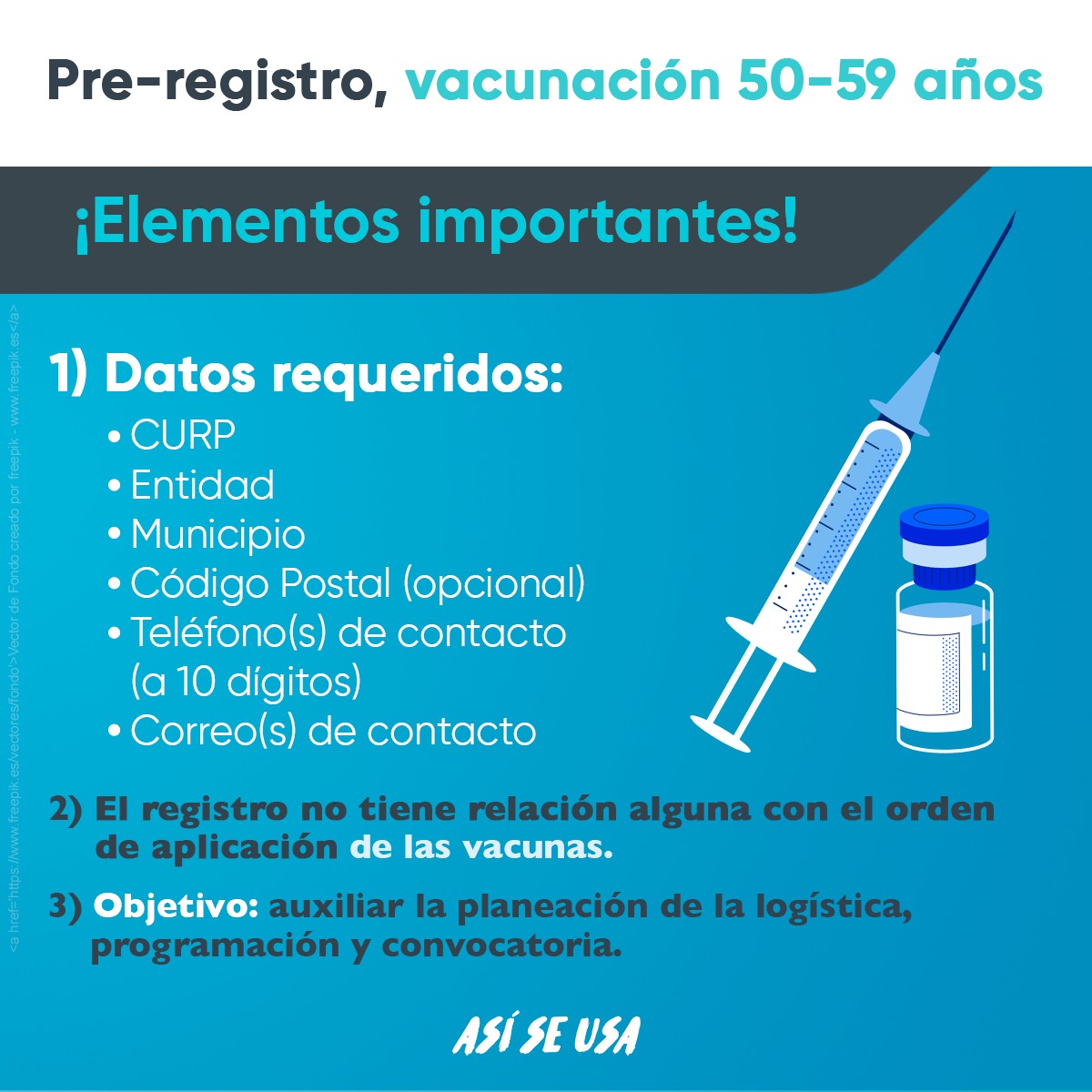 Si tú o alguien que conozcas tiene de 50 a 59 años, ya puedes hacer el pre-registro para vacunarse, para más información ingresa a 📲 quelavacunanosuna.org/donde-y-cuando… 💉