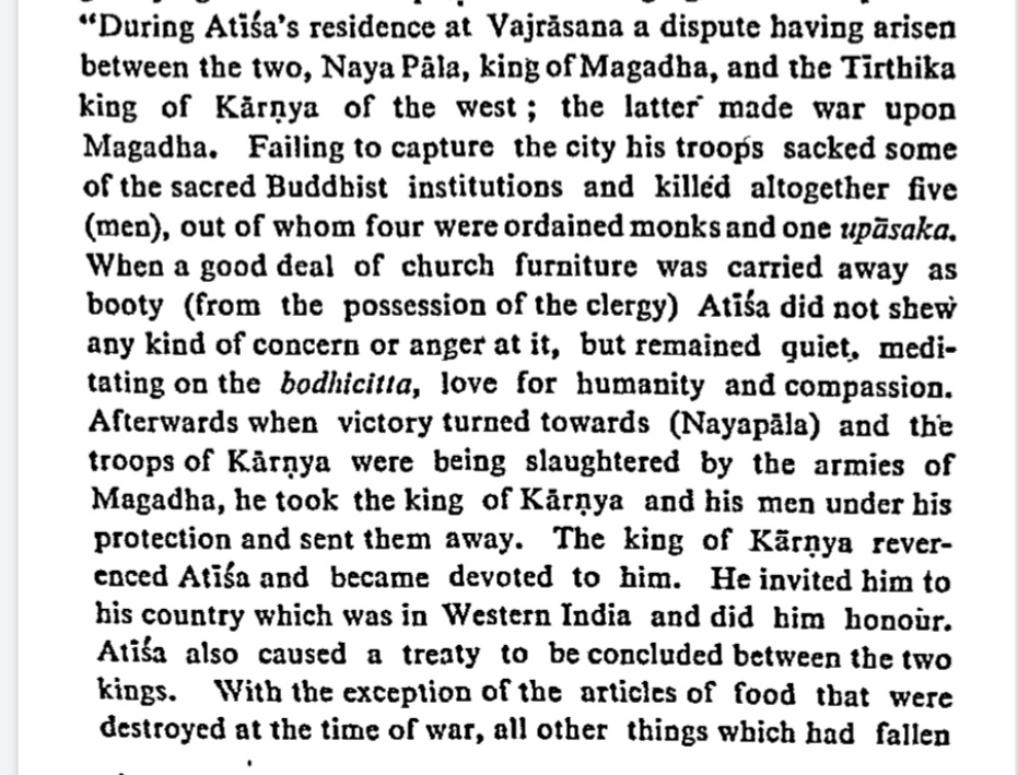 The example of the Kalachuri King Karna is from Atisa's travels, who was a Tibetan monk. The text states that Karna had looted monasteries, and killed 5 people in total (who probably resisted the plunder). Afterwards, the king became devoted to Atisa