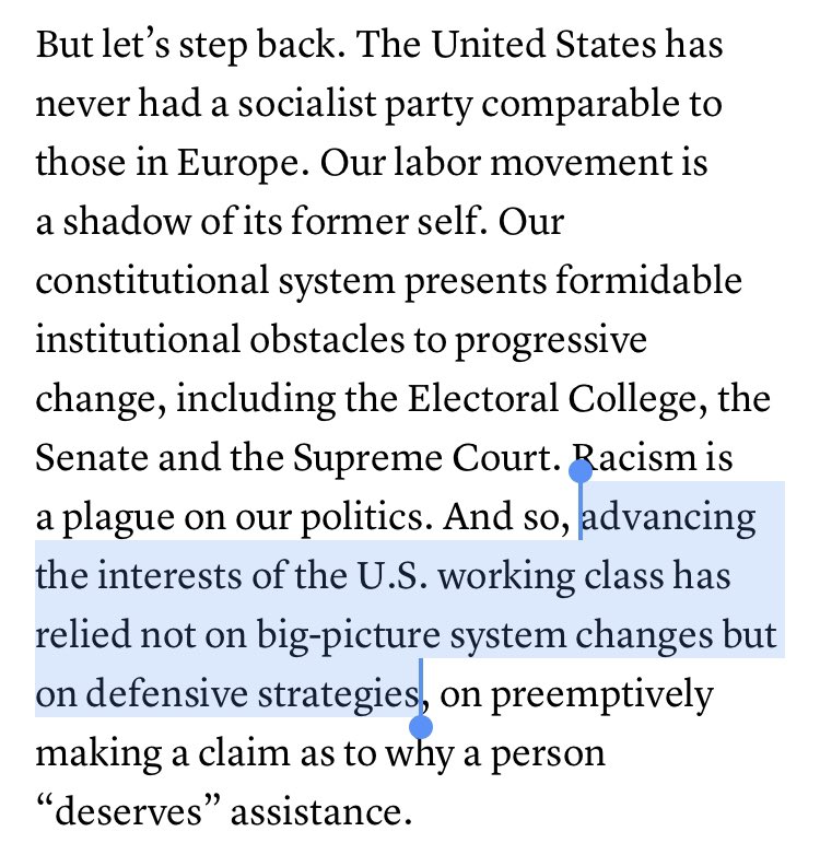 One great counterexample to this argument is the  #FightFor15, which has been one of the most successful movements of the past decade. It was not a remotely defensive strategy and was considered a pipe dream by pretty much every “serious” Democratic policy wonk in DC back in 2012.