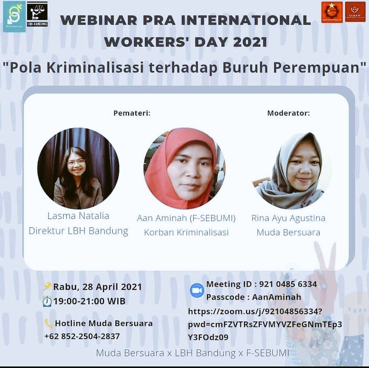 Yuk...terlibat dan saksikan diskusinya.
CC: <a href="/YLBHI/">YayasanLBHIndonesia</a> <a href="/LBHBandung/">LBH Bandung</a> <a href="/LBH_Jakarta/">LBH JAKARTA</a> <a href="/SINDIKASI_/">Serikat SINDIKASI</a> <a href="/KomnasPerempuan/">Komnas Perempuan</a> <a href="/simpulpuan/">Simpul Pembebasan Perempuan</a> <a href="/FSebumi/">Federasi SEBUMI</a> <a href="/ecosocrights/">The Institute for Ecosoc Rights</a> <a href="/BuruhSiluman/">DrHS</a> <a href="/buruh_online/">BuruhOnline</a>