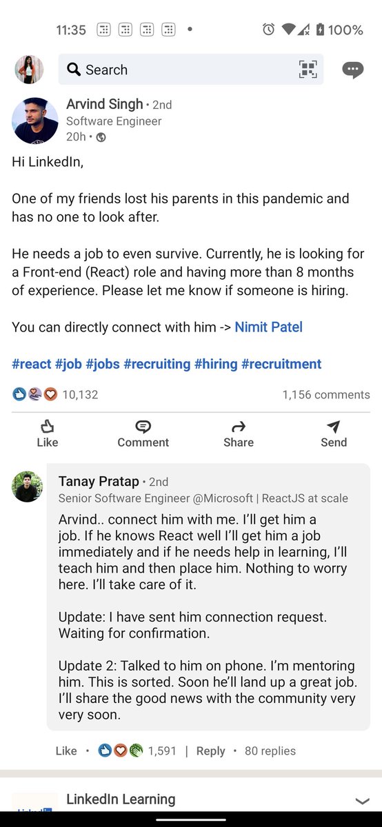 I saw this recent post on LinkedIn and I felt soo damn happy! It made my heart very full! This is such am amazing thing you are doing <a href="/tanaypratap/">Tanay Pratap</a> Great Job!! Kudos! I couldn't stop myself from putting this tweet! Wonderful! :) 
#jobseekers #help