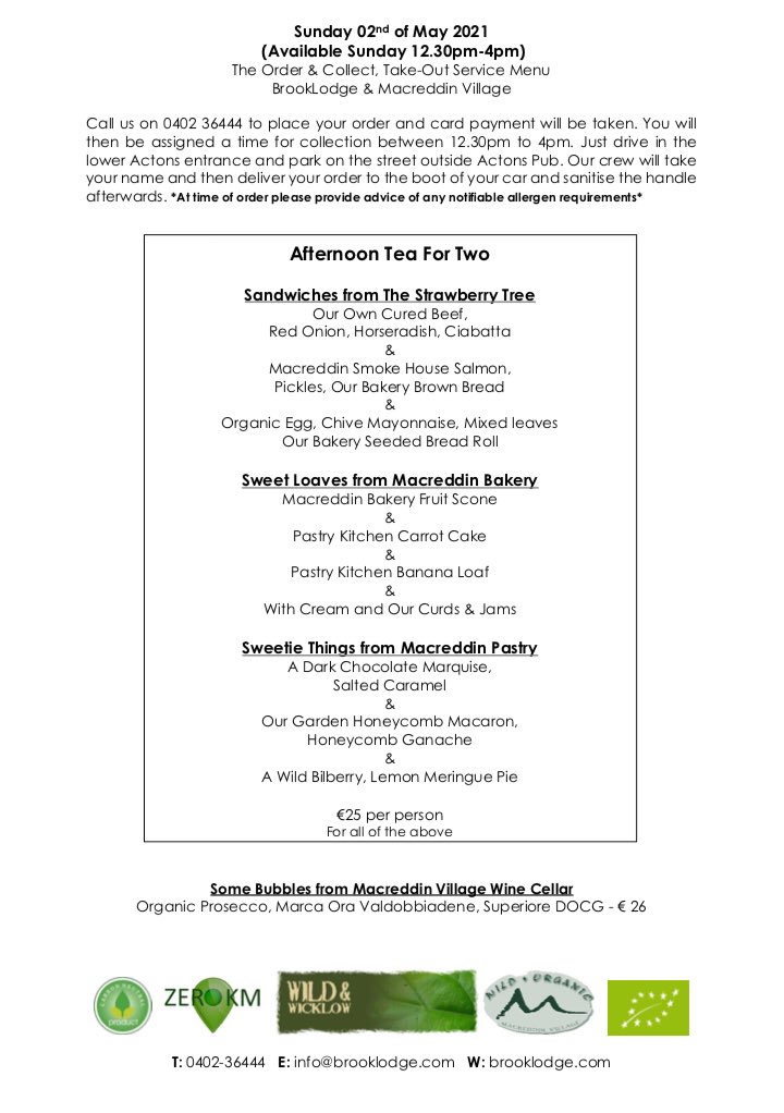 Don’t forget our Order &amp; collect take-away menus are available this bank holiday weekend. 
📞 0402-36444 to place your order #takeaway #bankholidayweekend #thestrawberrytree #afternoontea #brooklodge #macreddin #wicklow