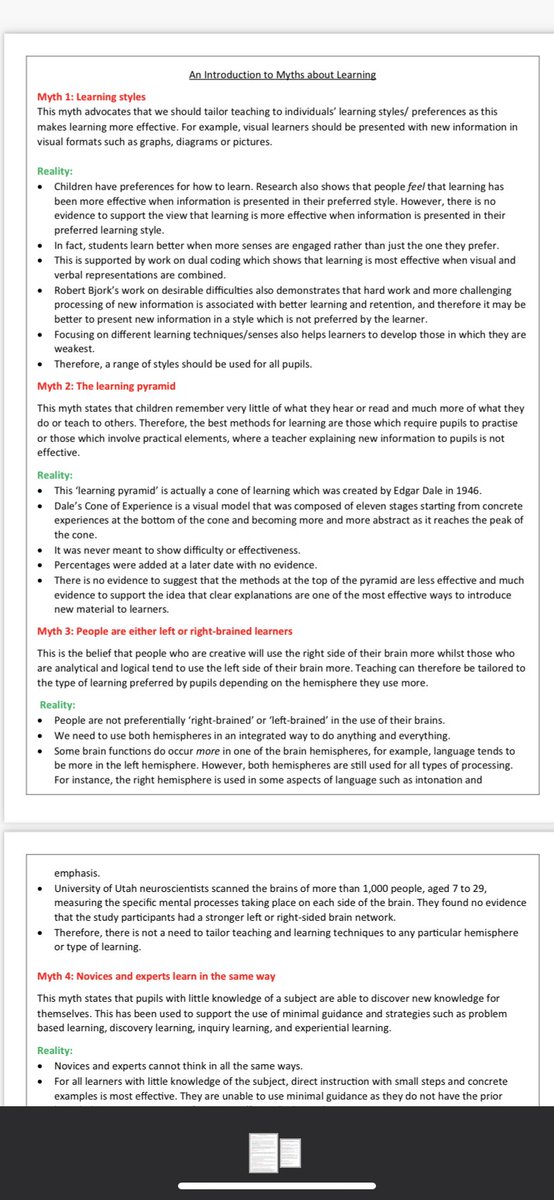 PearceMrs's tweet image. Developing a set of ‘An Introduction to...’ guides. 1/2 page summaries of important aspects of T&L, aiming to provide a basic overview/starting point, including:
✅ Cognitive load theory 
✅ Cognitive science 
✅ Learning myths 
✅ Retrieval practice 
Happy to share if useful