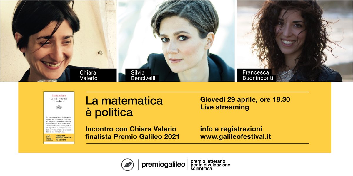 'La matematica è politica': domani 29.04 alle 18.30 @chiara_valerio presenta il suo libro finalista al #Galileo21 con @sbencivu @FraBuoninconti. Per partecipare, registrati qui → eventbrite.it/e/147763242837
-
@Einaudieditore @comunepadova @PadovaCultura