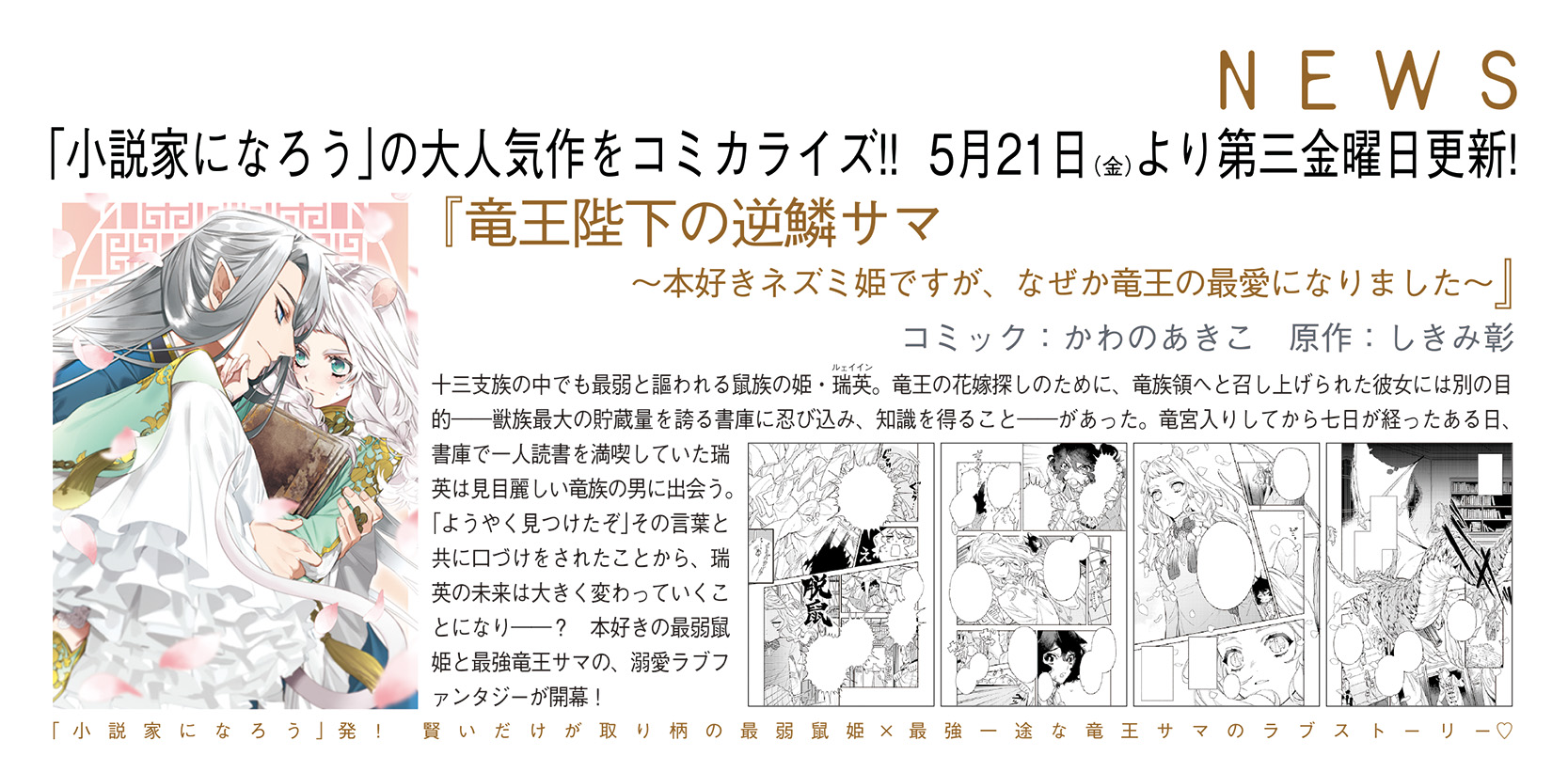 ゼロサム編集部 速報 5月21日 金 よりゼロサムオンラインにて 竜王陛下の逆鱗サマ 本好きネズミ姫ですが なぜか竜王 の最愛になりました コミック かわのあきこ 原作 しきみ彰 のコミカライズが新連載開始 賢いだけが取り柄の最弱